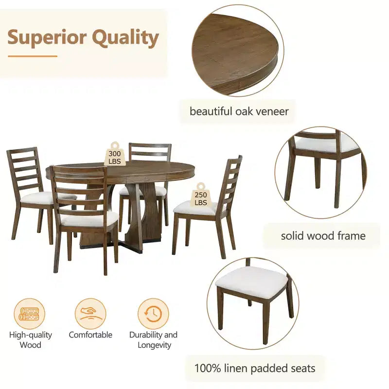 Ensemble de salle à manger rond extensible de ferme pour 4 personnes, table de cuisine ronde en bois avec rallonge, 4 chaises rembourrées pour salle à manger