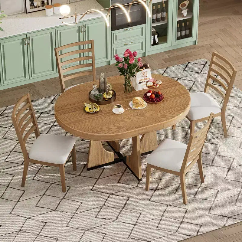 Ensemble de salle à manger rond extensible de ferme pour 4 personnes, table de cuisine ronde en bois avec rallonge, 4 chaises rembourrées pour salle à manger