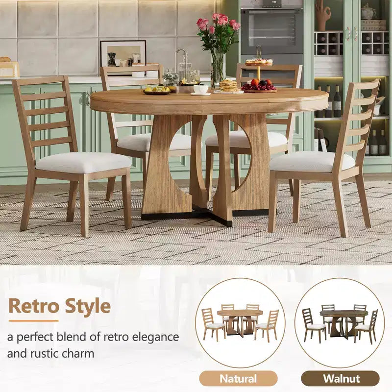 Ensemble de salle à manger rond extensible de ferme pour 4 personnes, table de cuisine ronde en bois avec rallonge, 4 chaises rembourrées pour salle à manger
