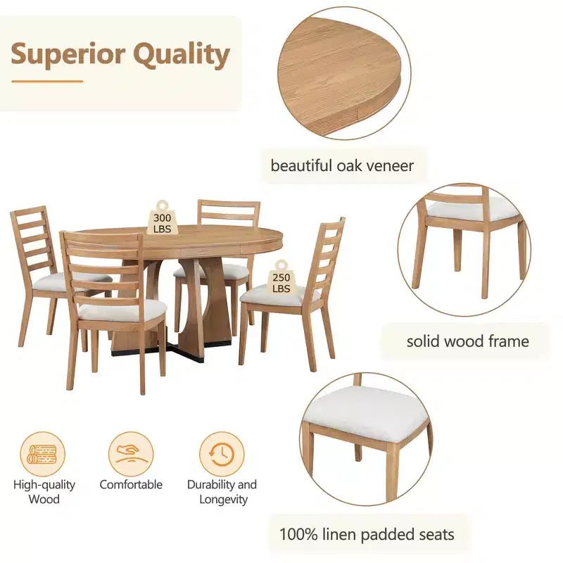 Ensemble de salle à manger rond extensible de ferme pour 4 personnes, table de cuisine ronde en bois avec rallonge, 4 chaises rembourrées pour salle à manger