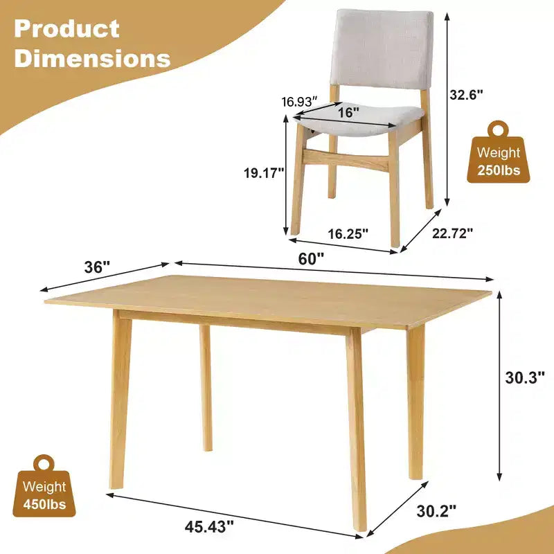 GDFStudio Crawford – Ensemble salle à manger moderne 5 pièces – Table rectangulaire en bois massif et chaises rembourrées en lin