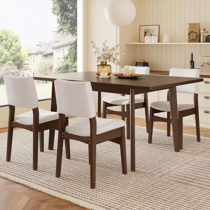 GDFStudio Crawford – Ensemble salle à manger moderne 5 pièces – Table rectangulaire en bois massif et chaises rembourrées en lin