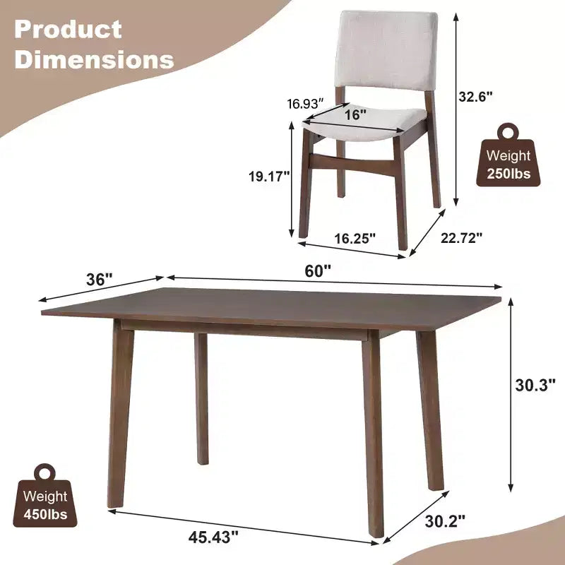 GDFStudio Crawford – Ensemble salle à manger moderne 5 pièces – Table rectangulaire en bois massif et chaises rembourrées en lin