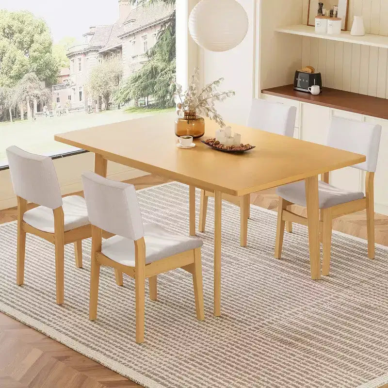 GDFStudio Crawford – Ensemble salle à manger moderne 5 pièces – Table rectangulaire en bois massif et chaises rembourrées en lin