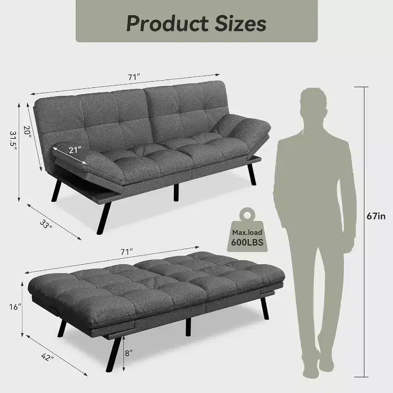Canapé-futon Dyonery 71 en mousse à mémoire de forme avec coussin détachable, canapé-lit futon convertible, dossier et accoudoirs réglables, fauteuil inclinable pour salon