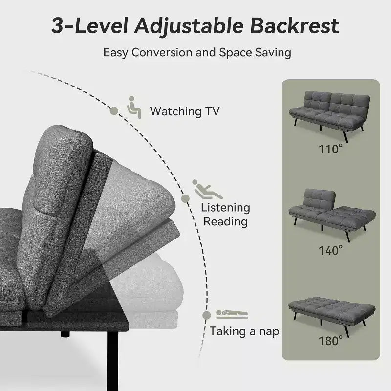 Canapé-futon Dyonery 71 en mousse à mémoire de forme avec coussin détachable, canapé-lit futon convertible, dossier et accoudoirs réglables, fauteuil inclinable pour salon