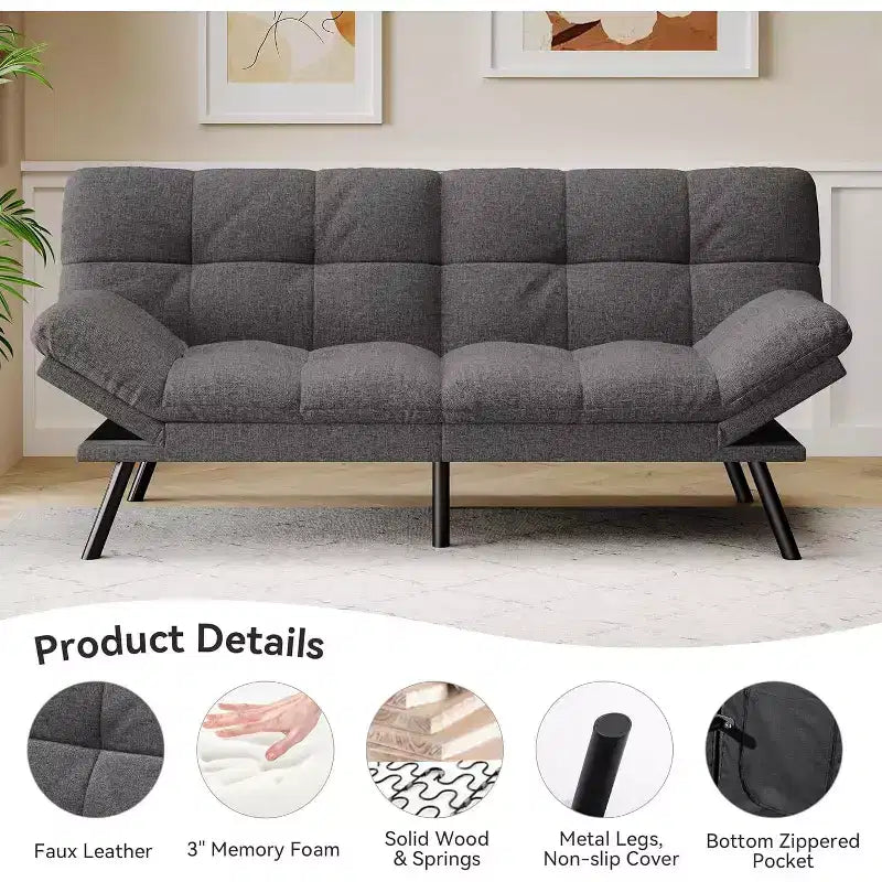 Canapé-futon Dyonery 71 en mousse à mémoire de forme avec coussin détachable, canapé-lit futon convertible, dossier et accoudoirs réglables, fauteuil inclinable pour salon