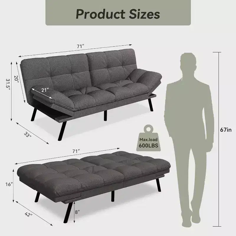 Canapé-futon Dyonery 71 en mousse à mémoire de forme avec coussin détachable, canapé-lit futon convertible, dossier et accoudoirs réglables, fauteuil inclinable pour salon