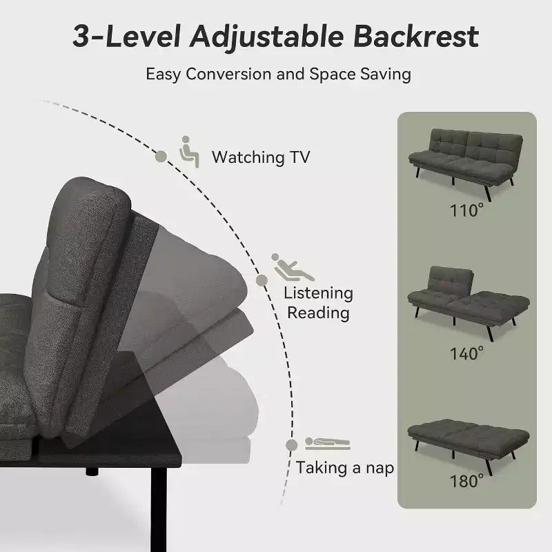 Canapé-futon Dyonery 71 en mousse à mémoire de forme avec coussin détachable, canapé-lit futon convertible, dossier et accoudoirs réglables, fauteuil inclinable pour salon