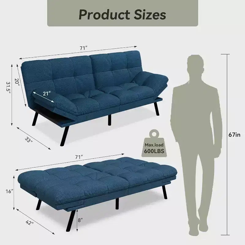 Canapé-futon Dyonery 71 en mousse à mémoire de forme avec coussin détachable, canapé-lit futon convertible, dossier et accoudoirs réglables, fauteuil inclinable pour salon