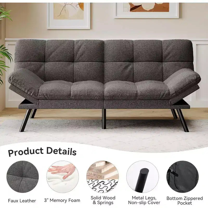 Canapé-futon Dyonery 71 en mousse à mémoire de forme avec coussin détachable, canapé-lit futon convertible, dossier et accoudoirs réglables, fauteuil inclinable pour salon