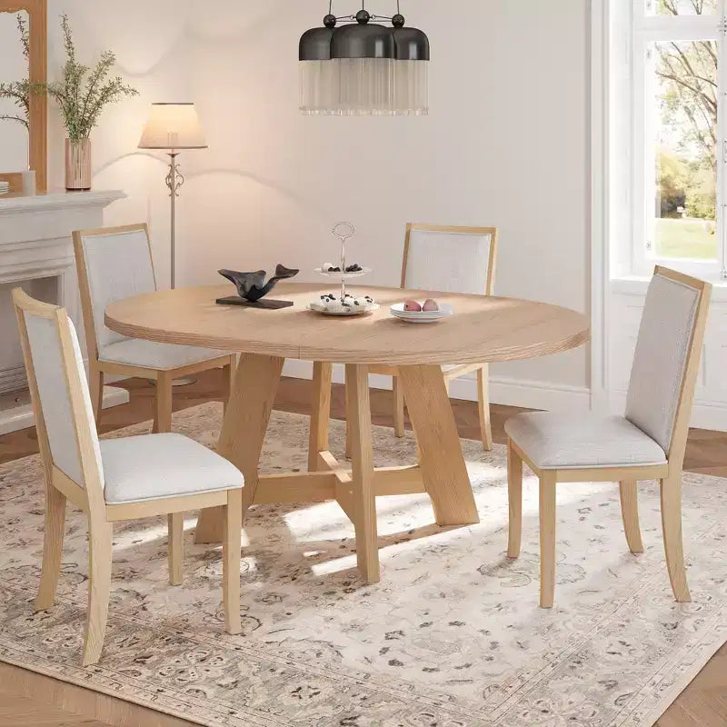 Ensemble table de salle à manger ronde extensible de style ferme pour 4, avec rallonge amovible et 4 chaises de salle à manger rembourrées