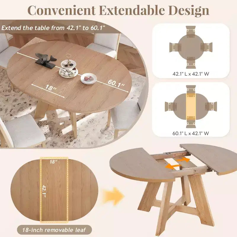 Ensemble table de salle à manger ronde extensible de style ferme pour 4, avec rallonge amovible et 4 chaises de salle à manger rembourrées