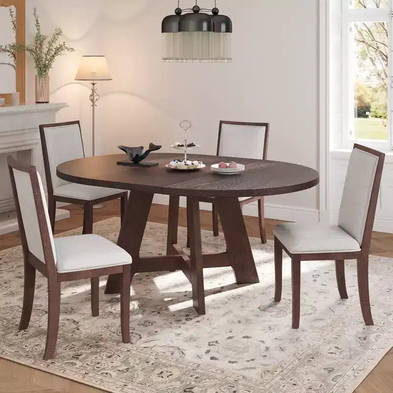 Ensemble table de salle à manger ronde extensible de style ferme pour 4, avec rallonge amovible et 4 chaises de salle à manger rembourrées