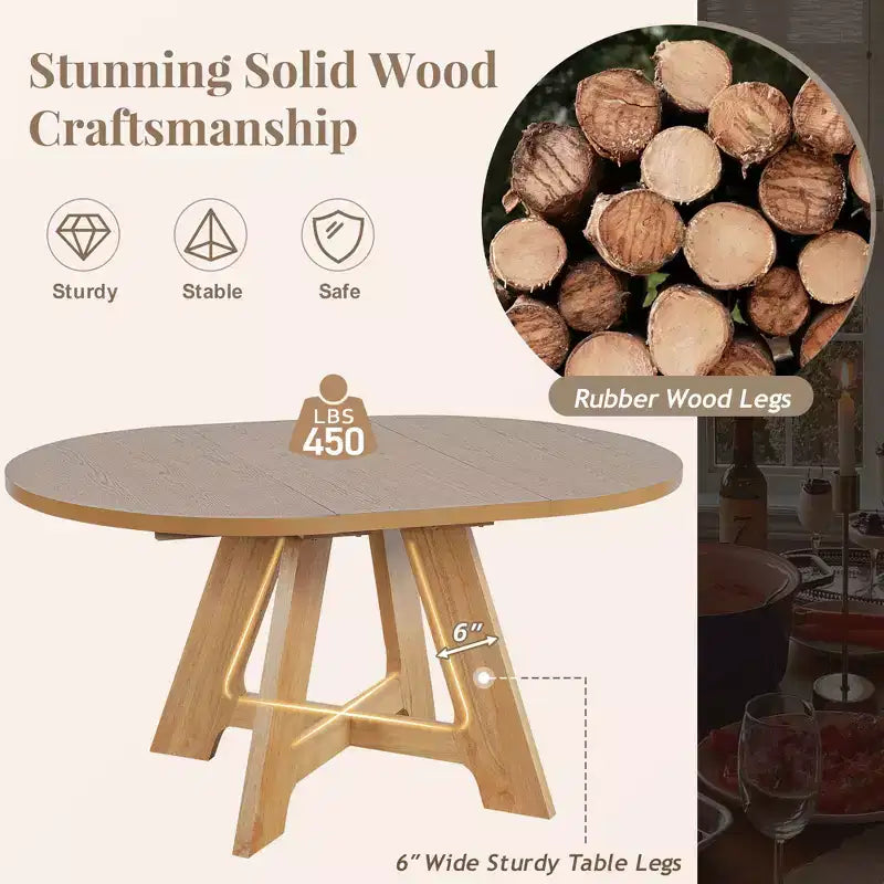 Ensemble table de salle à manger ronde extensible de style ferme pour 4, avec rallonge amovible et 4 chaises de salle à manger rembourrées