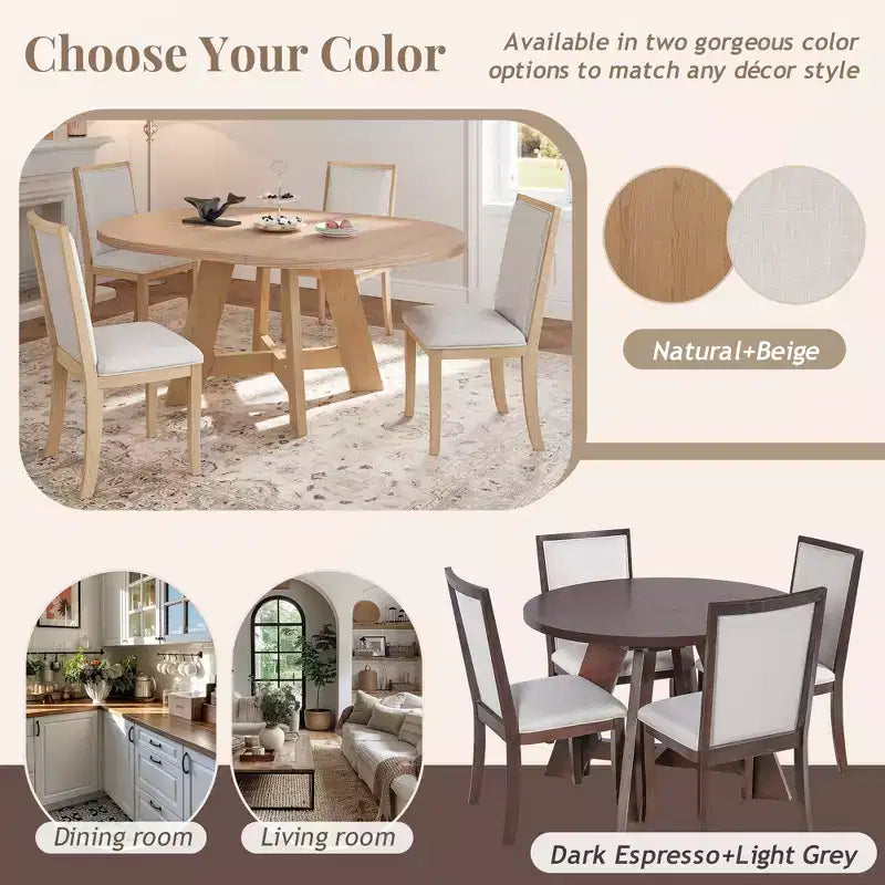 Ensemble table de salle à manger ronde extensible de style ferme pour 4, avec rallonge amovible et 4 chaises de salle à manger rembourrées