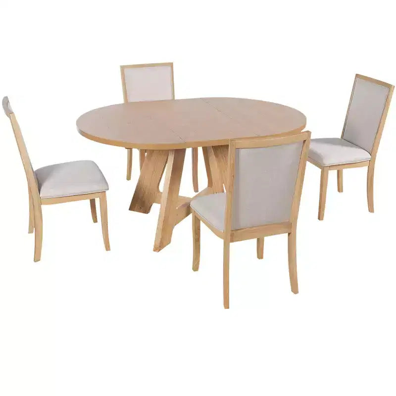 Ensemble table de salle à manger ronde extensible de style ferme pour 4, avec rallonge amovible et 4 chaises de salle à manger rembourrées