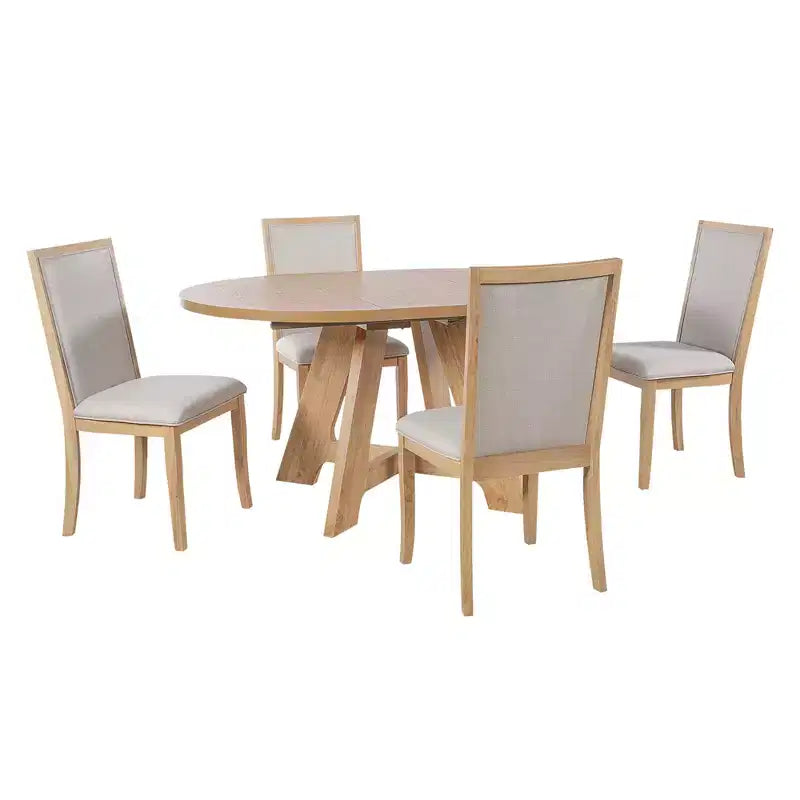 Ensemble table de salle à manger ronde extensible de style ferme pour 4, avec rallonge amovible et 4 chaises de salle à manger rembourrées