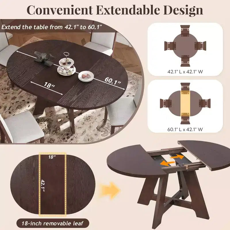 Ensemble table de salle à manger ronde extensible de style ferme pour 4, avec rallonge amovible et 4 chaises de salle à manger rembourrées