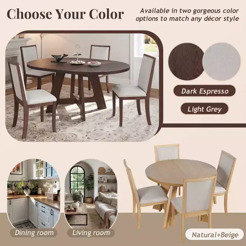 Ensemble table de salle à manger ronde extensible de style ferme pour 4, avec rallonge amovible et 4 chaises de salle à manger rembourrées