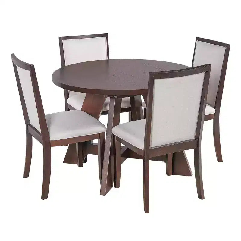 Ensemble table de salle à manger ronde extensible de style ferme pour 4, avec rallonge amovible et 4 chaises de salle à manger rembourrées