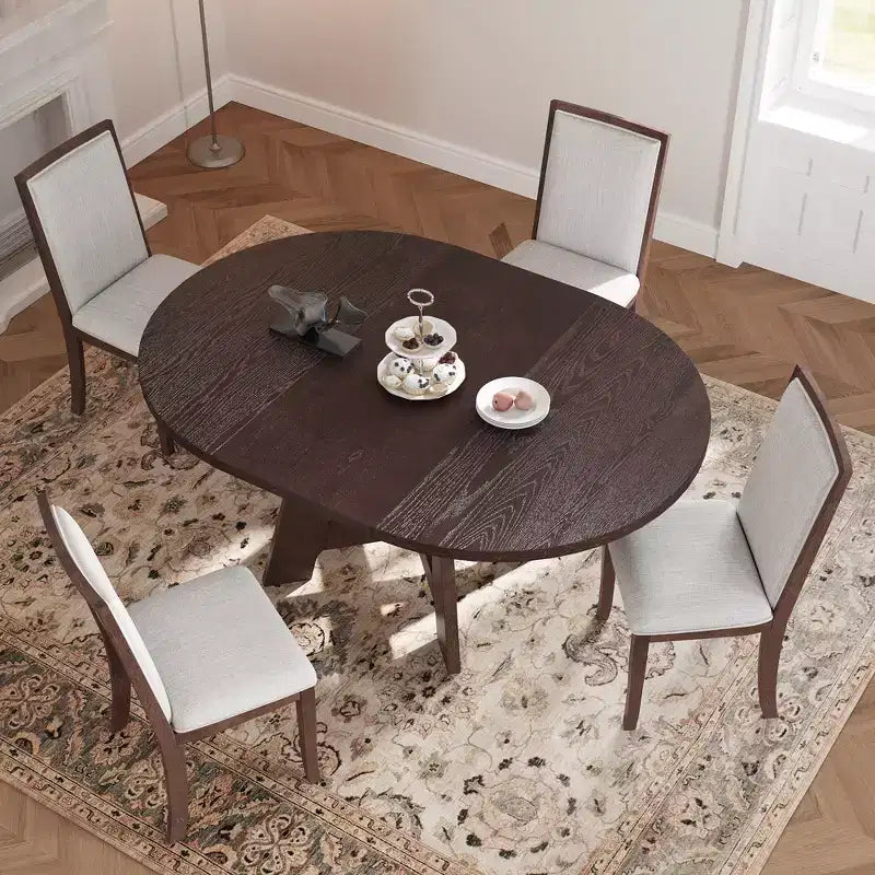 Farmhouse Extendable Round Dining Table Set for 4, Kitchen Table Set with Removable Leaf and 4 Upholstered Dining Chairs