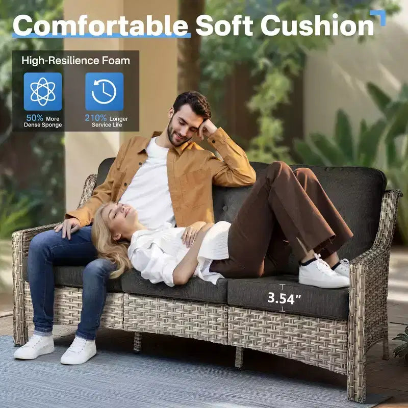 Ensemble de conversation de patio HOMLUX 6 pièces, canapé 3 places avec coussins, chaises en rotin, poufs, table basse