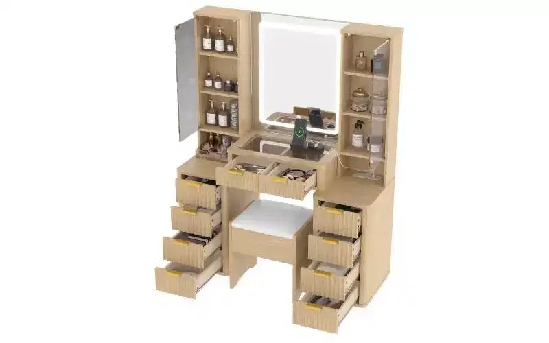 JVNOXK Coiffeuse moderne de 43,5 pouces avec miroir et lumière, tiroirs, armoire en verre transparent, incluant tabouret et station de charge, Chêne