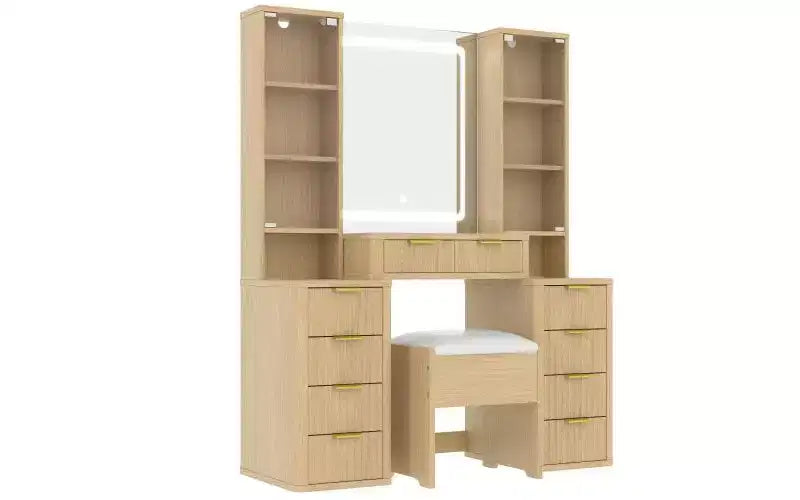 JVNOXK Coiffeuse moderne de 43,5 pouces avec miroir et lumière, tiroirs, armoire en verre transparent, incluant tabouret et station de charge, Chêne