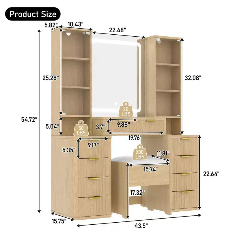JVNOXK Coiffeuse moderne de 43,5 pouces avec miroir et lumière, tiroirs, armoire en verre transparent, incluant tabouret et station de charge, Chêne
