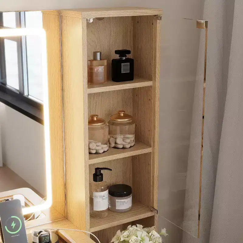 JVNOXK Coiffeuse moderne de 43,5 pouces avec miroir et lumière, tiroirs, armoire en verre transparent, incluant tabouret et station de charge, Chêne