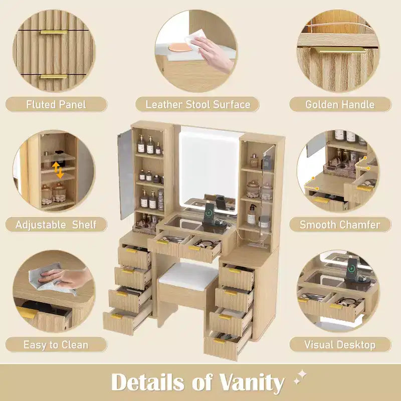 JVNOXK Coiffeuse moderne de 43,5 pouces avec miroir et lumière, tiroirs, armoire en verre transparent, incluant tabouret et station de charge, Chêne