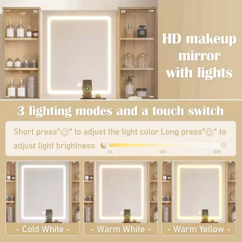 JVNOXK Coiffeuse moderne de 43,5 pouces avec miroir et lumière, tiroirs, armoire en verre transparent, incluant tabouret et station de charge, Chêne