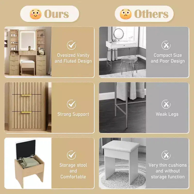 JVNOXK Coiffeuse moderne de 43,5 pouces avec miroir et lumière, tiroirs, armoire en verre transparent, incluant tabouret et station de charge, Chêne