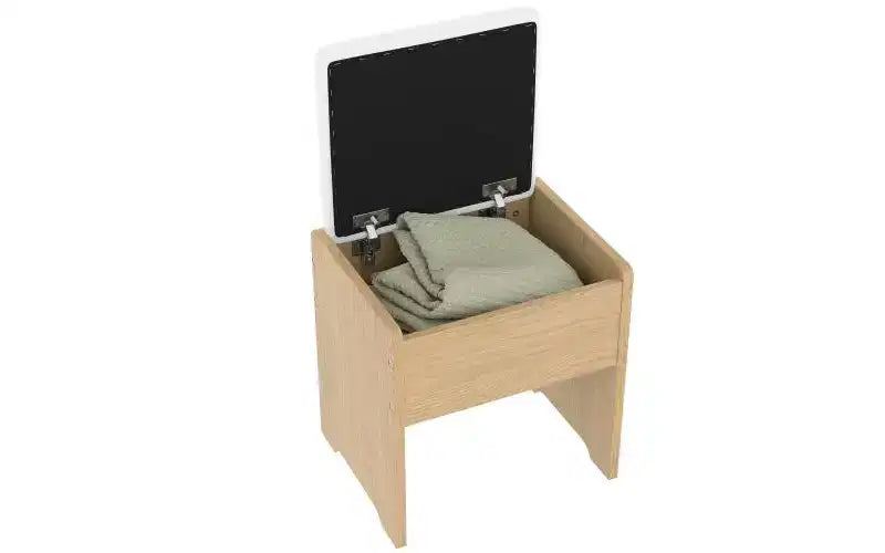 JVNOXK Coiffeuse moderne de 43,5 pouces avec miroir et lumière, tiroirs, armoire en verre transparent, incluant tabouret et station de charge, Chêne