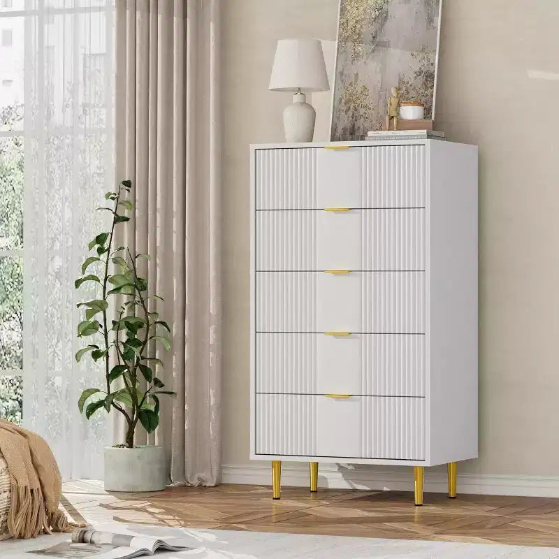 Fluted Dresser for Bedroom with 5 Drawers, 44.3" Tall Chest of Drawers with Metal Handles