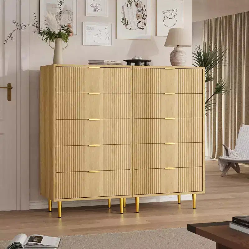 Fluted Dresser for Bedroom with 5 Drawers, 44.3" Tall Chest of Drawers with Metal Handles