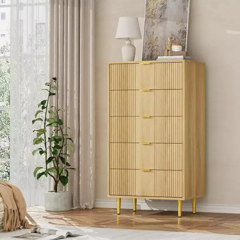 Fluted Dresser for Bedroom with 5 Drawers, 44.3" Tall Chest of Drawers with Metal Handles