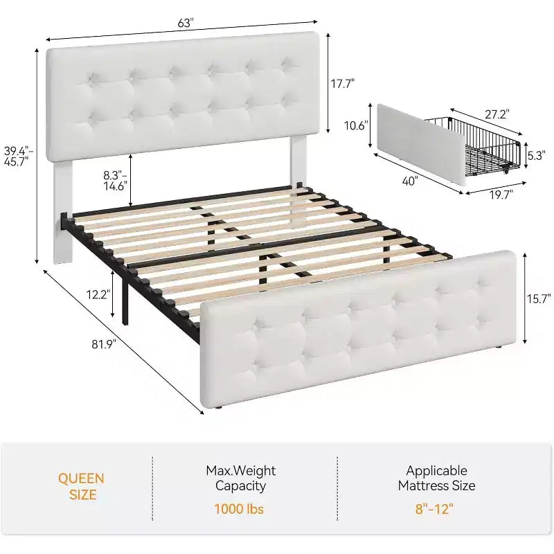 Storage Bed Frame with 4 Drawers & Adjustable Headboard - Upholstered Platform Bed