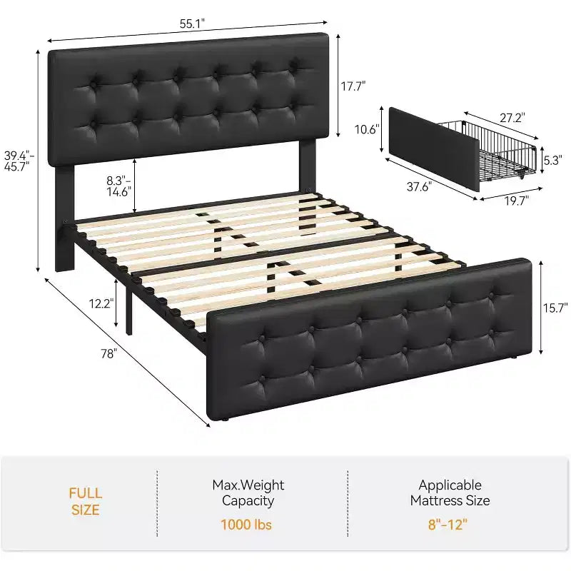 Storage Bed Frame with 4 Drawers & Adjustable Headboard - Upholstered Platform Bed