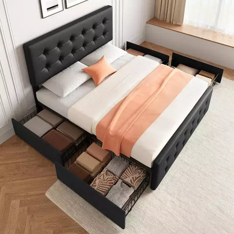 Storage Bed Frame with 4 Drawers & Adjustable Headboard - Upholstered Platform Bed