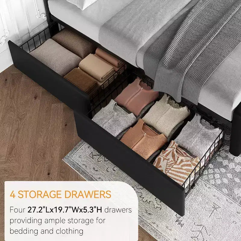 Storage Bed Frame with 4 Drawers & Adjustable Headboard - Upholstered Platform Bed