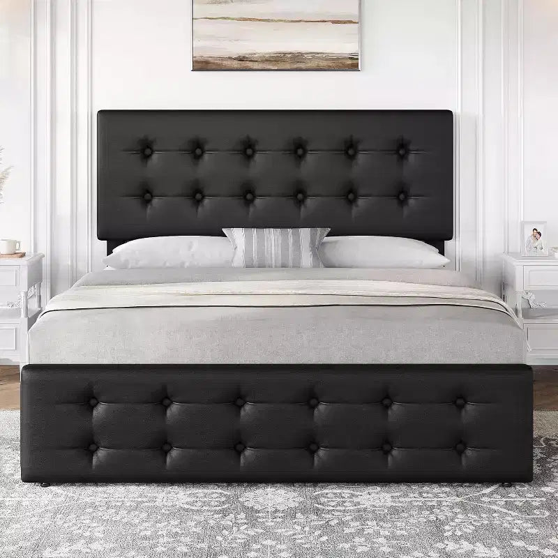 Storage Bed Frame with 4 Drawers & Adjustable Headboard - Upholstered Platform Bed