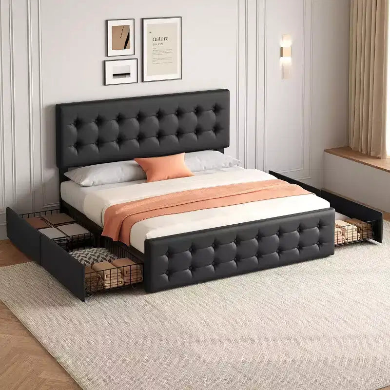 Storage Bed Frame with 4 Drawers & Adjustable Headboard - Upholstered Platform Bed
