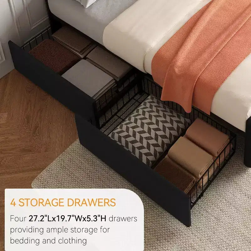 Storage Bed Frame with 4 Drawers & Adjustable Headboard - Upholstered Platform Bed