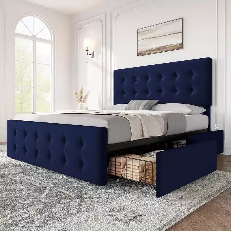 Storage Bed Frame with 4 Drawers & Adjustable Headboard - Upholstered Platform Bed