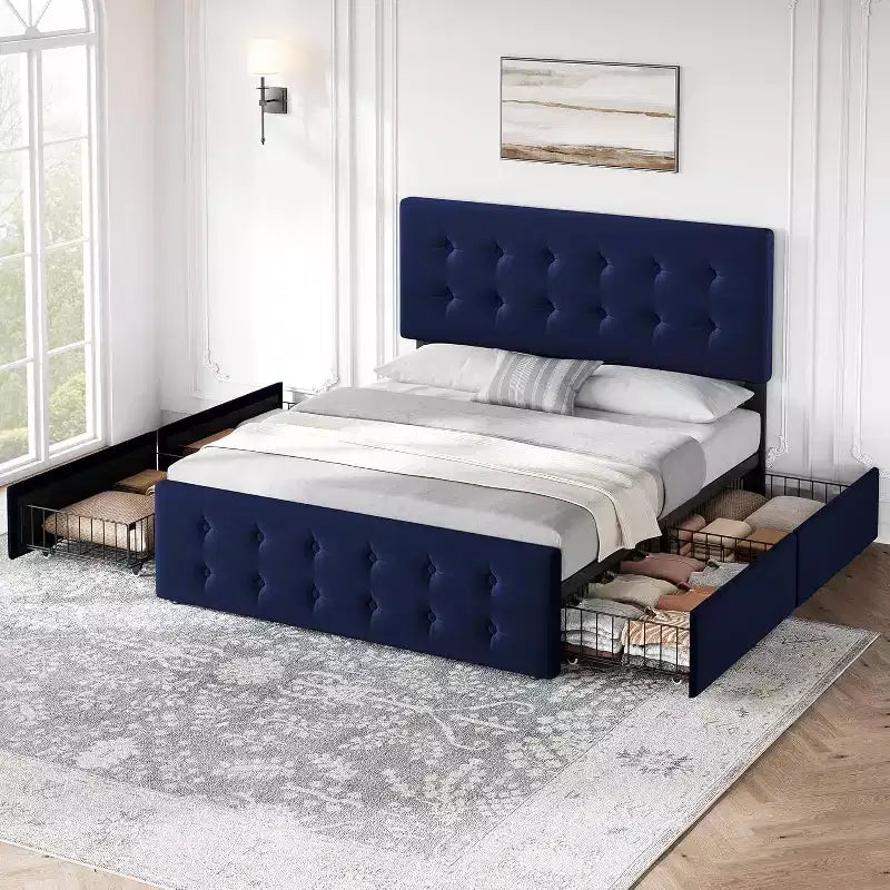 Storage Bed Frame with 4 Drawers & Adjustable Headboard - Upholstered Platform Bed