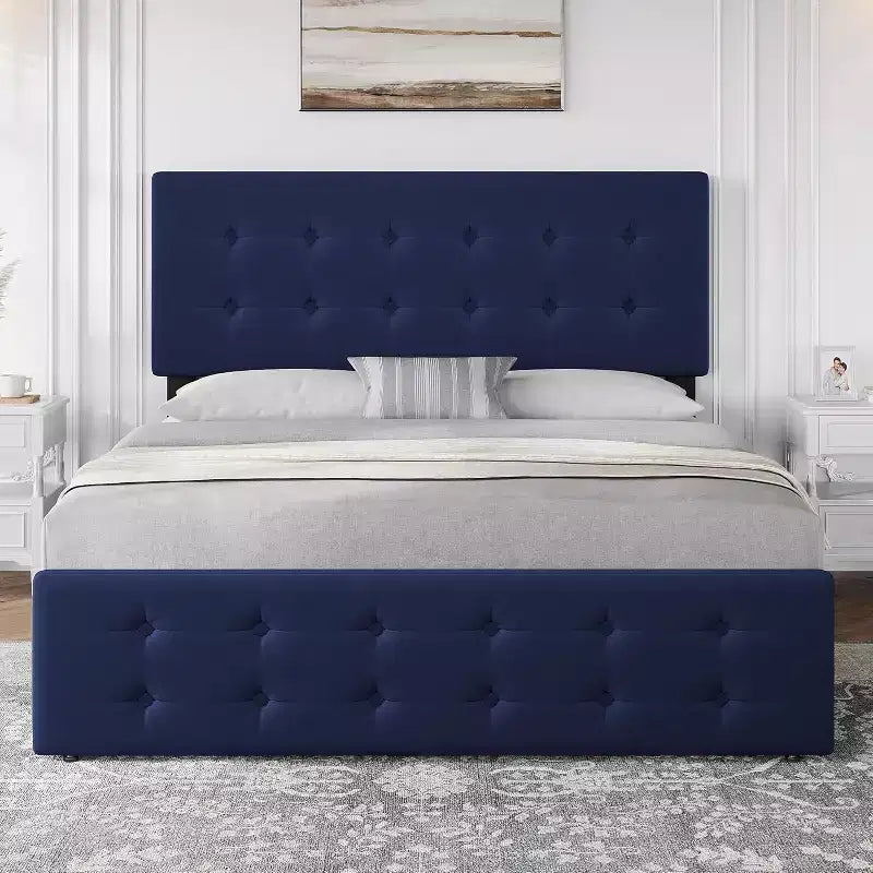 Storage Bed Frame with 4 Drawers & Adjustable Headboard - Upholstered Platform Bed