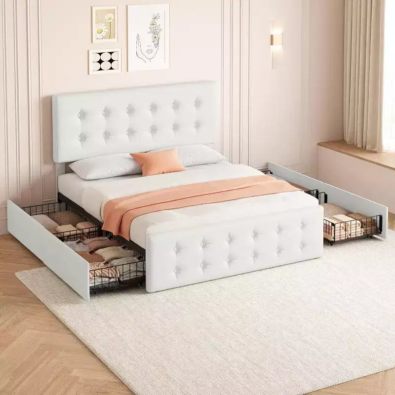 Storage Bed Frame with 4 Drawers & Adjustable Headboard - Upholstered Platform Bed