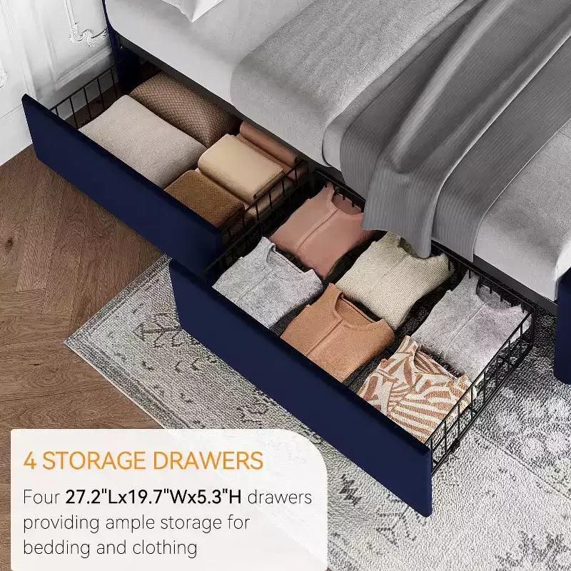 Storage Bed Frame with 4 Drawers & Adjustable Headboard - Upholstered Platform Bed